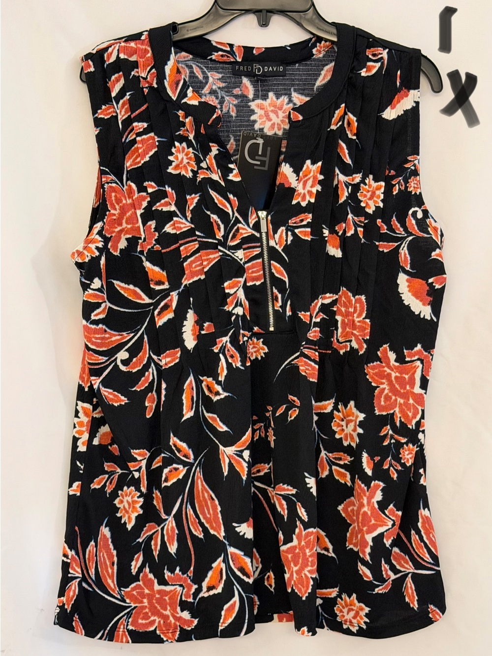 Fred David Black Sleeveless Camisole with Orange Floral Zip Front